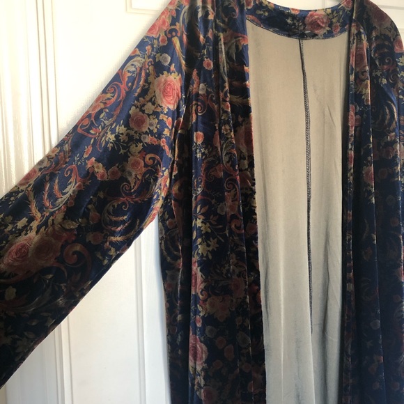 Navy Blue Velvet Floral Boho Kimono Cardigan - Picture 3 of 5